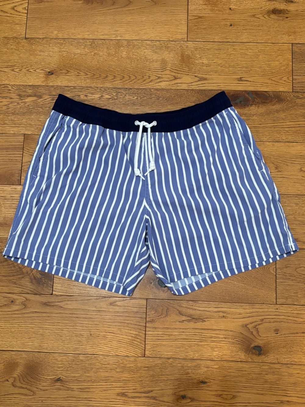 J. Crew Men's Blue & White Striped Swim Shorts with Navy Waistband and Pocket
